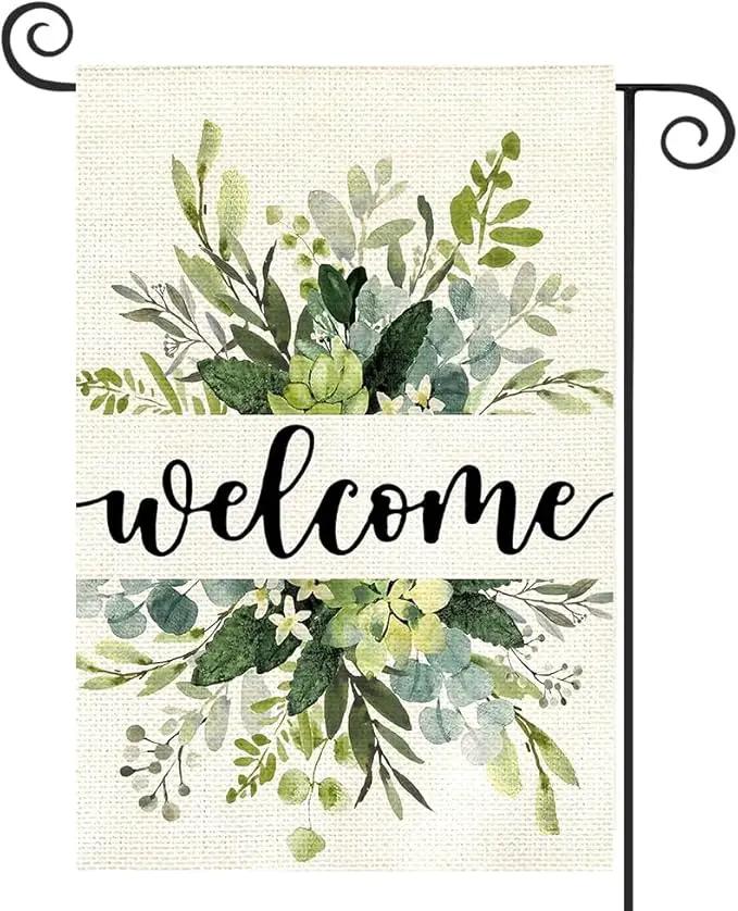 Spring Floral Welcome Garden Flag 12x18 Inch Double Sided Outside, Eucalyptus Seasonal Farmhouse Yard Outdoor Flag by GreenHaven Gardens