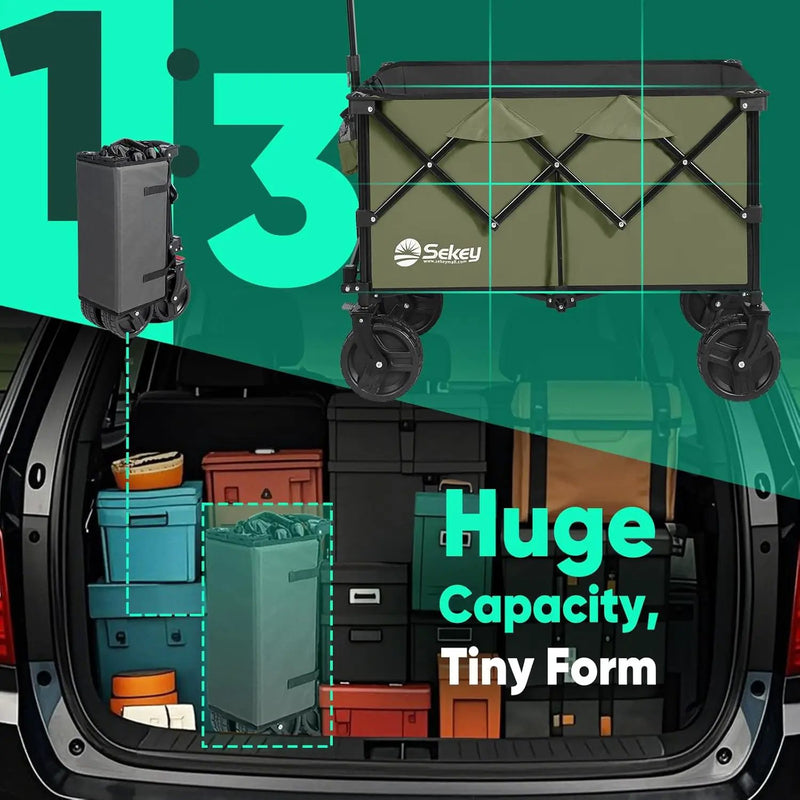 Collapsible Wagon Cart with Big All-Terrain Beach Wheels, Foldable Heavy Duty Wagons with Cup Holders, Utility Carts for Camping, Garden, Outdoor, Grocery, Sports. Khaki by GreenHaven Gardens