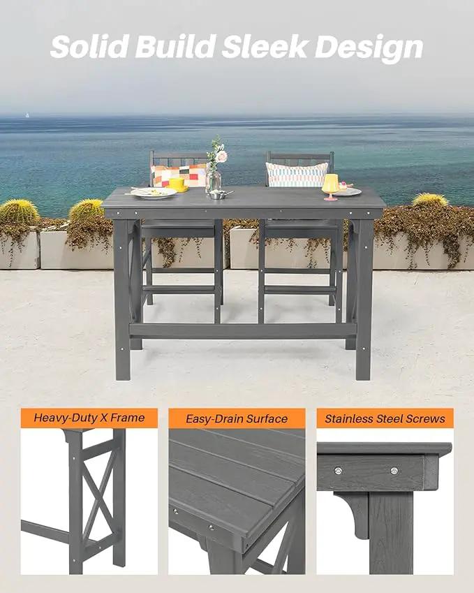 3 Pieces HDPE Outdoor Patio Bar Set, Rectangular Bar Height Table and Chairs Set, Patio Bar Stools Set, HDPE Outdoor Bar Table and Chairs Set for Balcony, Poolside, Porch, Smoke Gray by GreenHaven Gardens