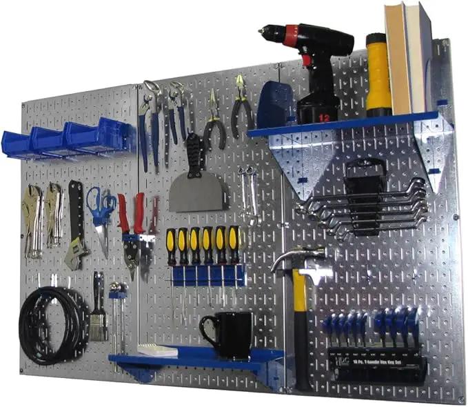 Wall Control Pegboard Organizer 4 ft. Metal Pegboard Standard Tool Storage Kit with Galvanized Toolboard and Blue Accessories by GreenHaven Gardens