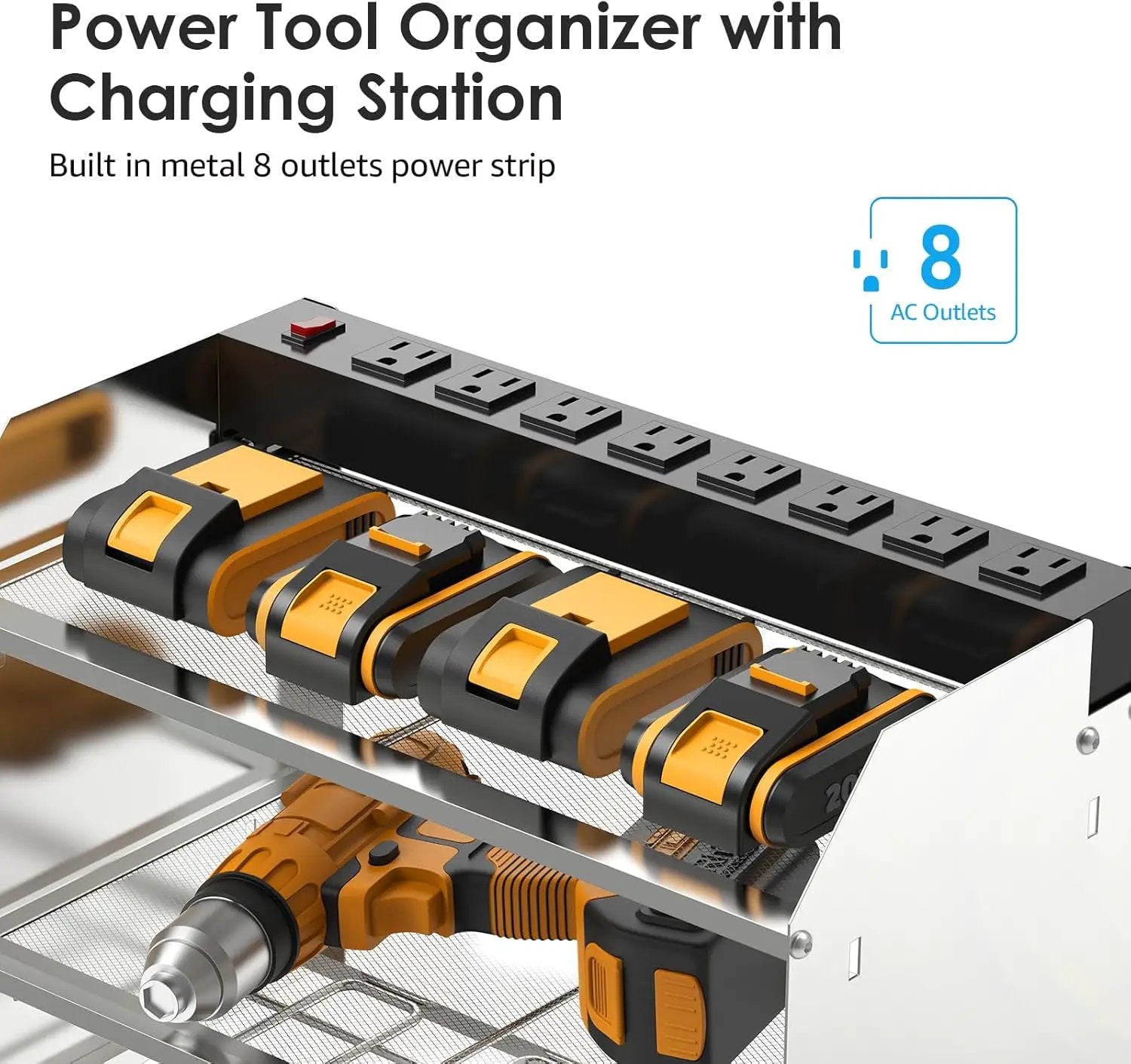 CCCEI Modular Power Tool Organizer Wall Mount with Charging Station. Garage 4 Drill Storage Shelf with Hooks, Drill Bit Heavy Duty Rack, Silver Tool Battery Holder Built in 8 Outlet Power Strip. by GreenHaven Gardens