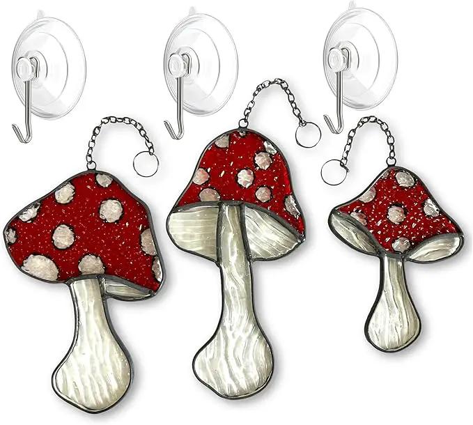 SENSORY4U Fly Agaric Hand-Painted Mushroom Stained Glass Suncatcher 3-Pack - Moon and Toadstool Window Hanging Ornaments - Nature-Inspired Home Décor for Plant and Mushroom Lovers by GreenHaven Gardens