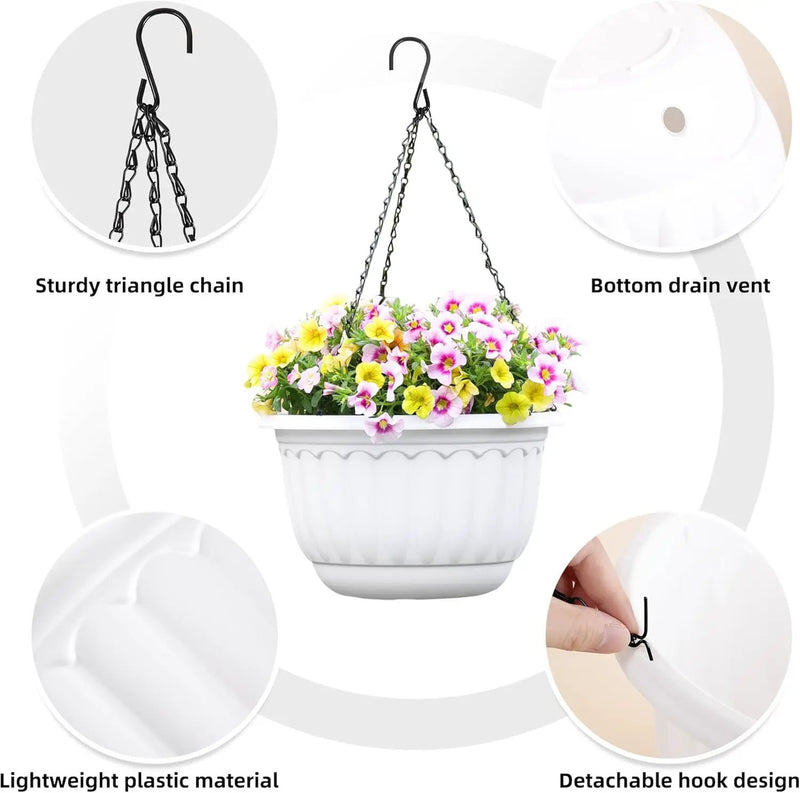 YIKUSH Planters for Outdoor Plants 2 Pack White Plant Pots with Drainage Hole and Absorbing Tray Hanging Planters for Indoor Plants (12 inch, 3 Hooks) by GreenHaven Gardens