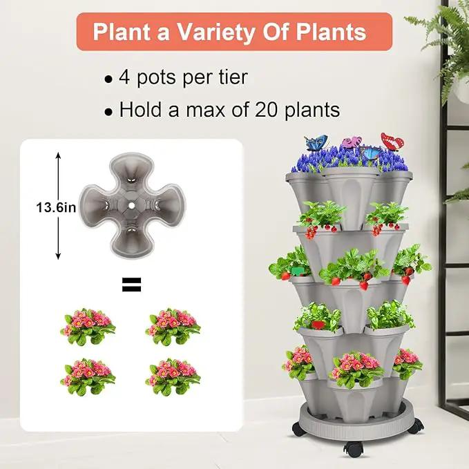 Vertical Planter, 5 Tier Stackable Strawberry Planter with Garden Tool Set, Movable Indoor/Outdoor Garden Herb Pot for Growing Vegetables and Succulents, Gray by GreenHaven Gardens
