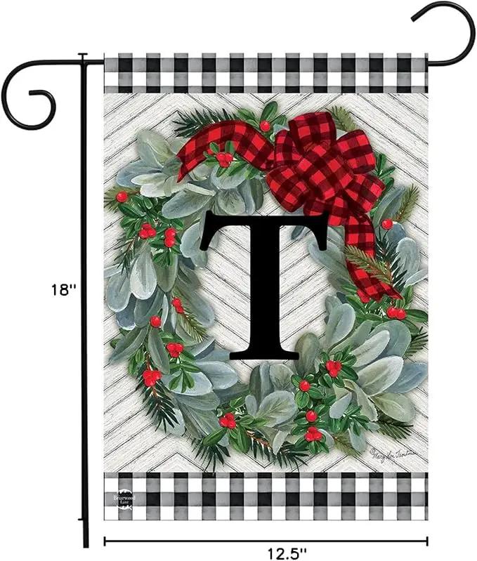 Briarwood Lane Winter Wreath Monogram Letter T Garden Flag by GreenHaven Gardens