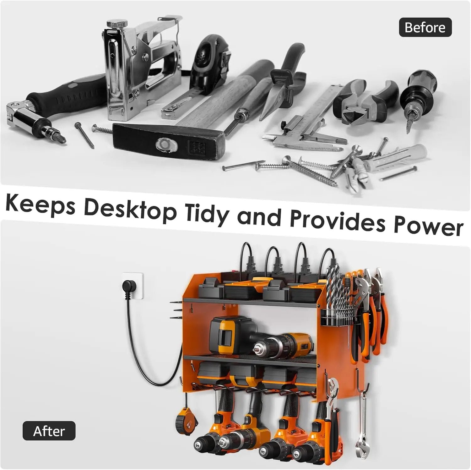 CCCEI Modular Power Tool Organizer Wall Mount with Charging Station. Garage 4 Drill Storage Shelf with Hooks, Drill Bit Heavy Duty Rack, Orange Tool Battery Holder Built in 8 Outlet Power Strip. by GreenHaven Gardens
