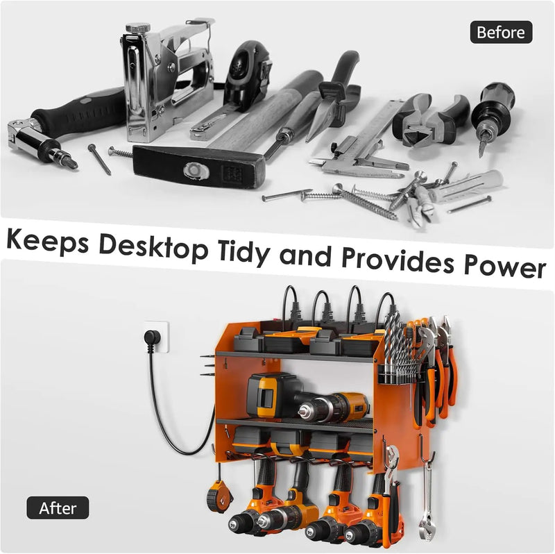 CCCEI Modular Power Tool Organizer Wall Mount with Charging Station. Garage 4 Drill Storage Shelf with Hooks, Drill Bit Heavy Duty Rack, Orange Tool Battery Holder Built in 8 Outlet Power Strip. by GreenHaven Gardens