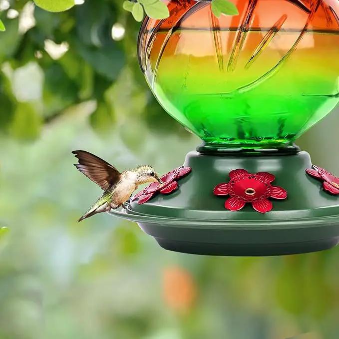 BOLITE Hummingbird Feeder, Glass Hummingbird Feeders for Outdoors Hanging, 22 Ounce, Five Feeding Ports with Perch, Peony Flower Shape, Orange and Green, Gifts for Women Men, Gifts for Mom Dad by GreenHaven Gardens