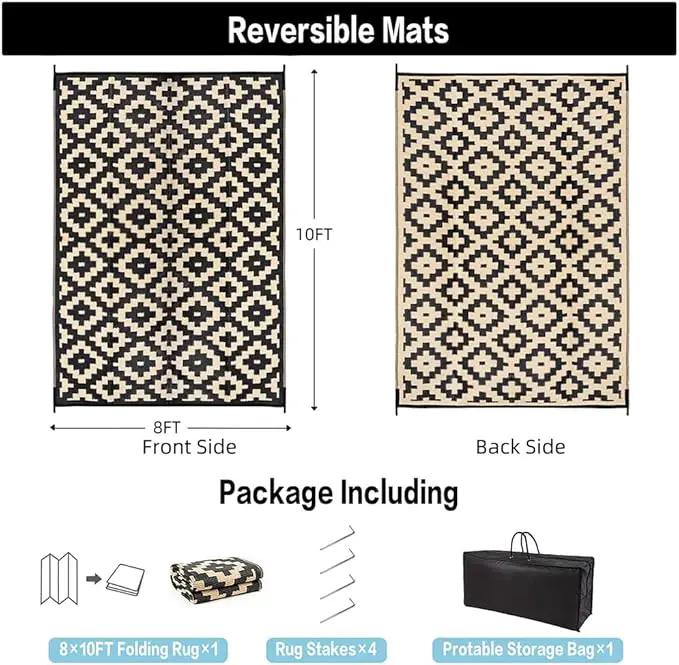 Outdoor Plastic Straw Rug, Waterproof Mat, Washable Large Floor Mat and Rug for Outdoors, RV, Beach, Patio, Camping, Backyard, Deck, Picnic, Indoor Outside (8x10ft,Geometry/Black&Beige) by GreenHaven Gardens