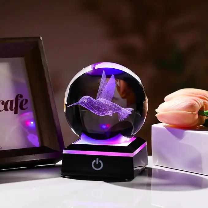 Qianwei 3D Crystal Ball Hummingbird Gift - 3.14'' 80mm Laser Decor Glass Animal Figurine Statue for Room Decorations With Night Light by GreenHaven Gardens