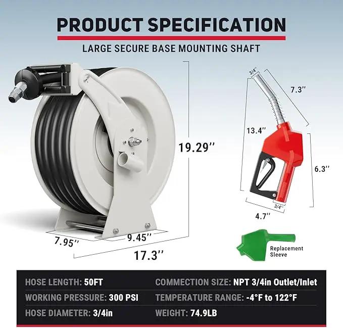 Fuel Hose Reel 3/4" x 50' Retractable with Fueling Nozzle Diesel Hose Reel 300 PSI Industrial Auto Swivel Heavy Duty Steel Construction for Farm Ship Vehicle Tank by GreenHaven Gardens