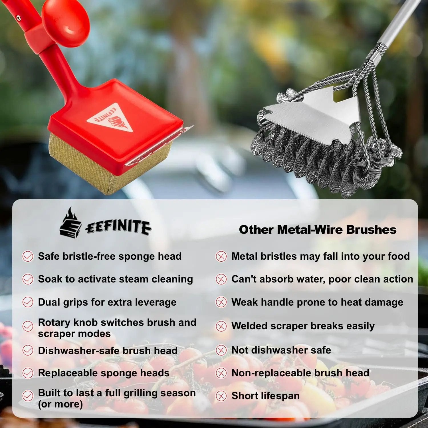 BBQ Grill Cleaner Brush, EEFINITE Steam Grill Brush for Outdoor Grilling with Replacement Scrub Sponge + Superior Scraper, Safe No Wire Bristle Barbecue Scrubber Brush for Grills Cleaning Tool by GreenHaven Gardens