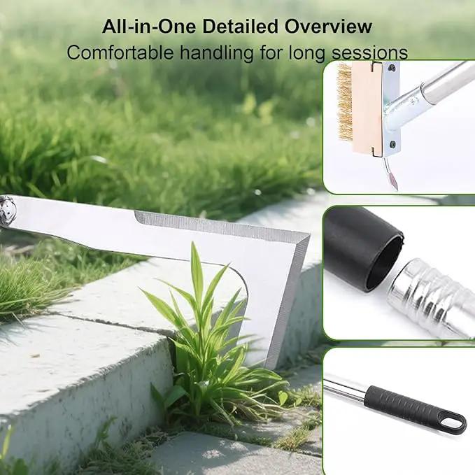 Long Handle Crack Weeder Tool Set with Adjustable 63 inch Handle, 2-in-1 Stainless Steel Crevice Weeding Tool & Brush for Weed and Moss Removal from Patios, Driveways, Sidewalk Cracks by GreenHaven Gardens