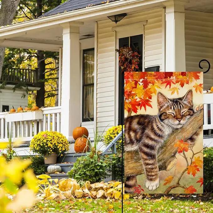 BLKWHT Fall Cat Garden Flag 12x18 Vertical Double Sided Autumn Leaves Thanksgiving Holiday Outside Decorations Burlap Yard Flag BW699 by GreenHaven Gardens