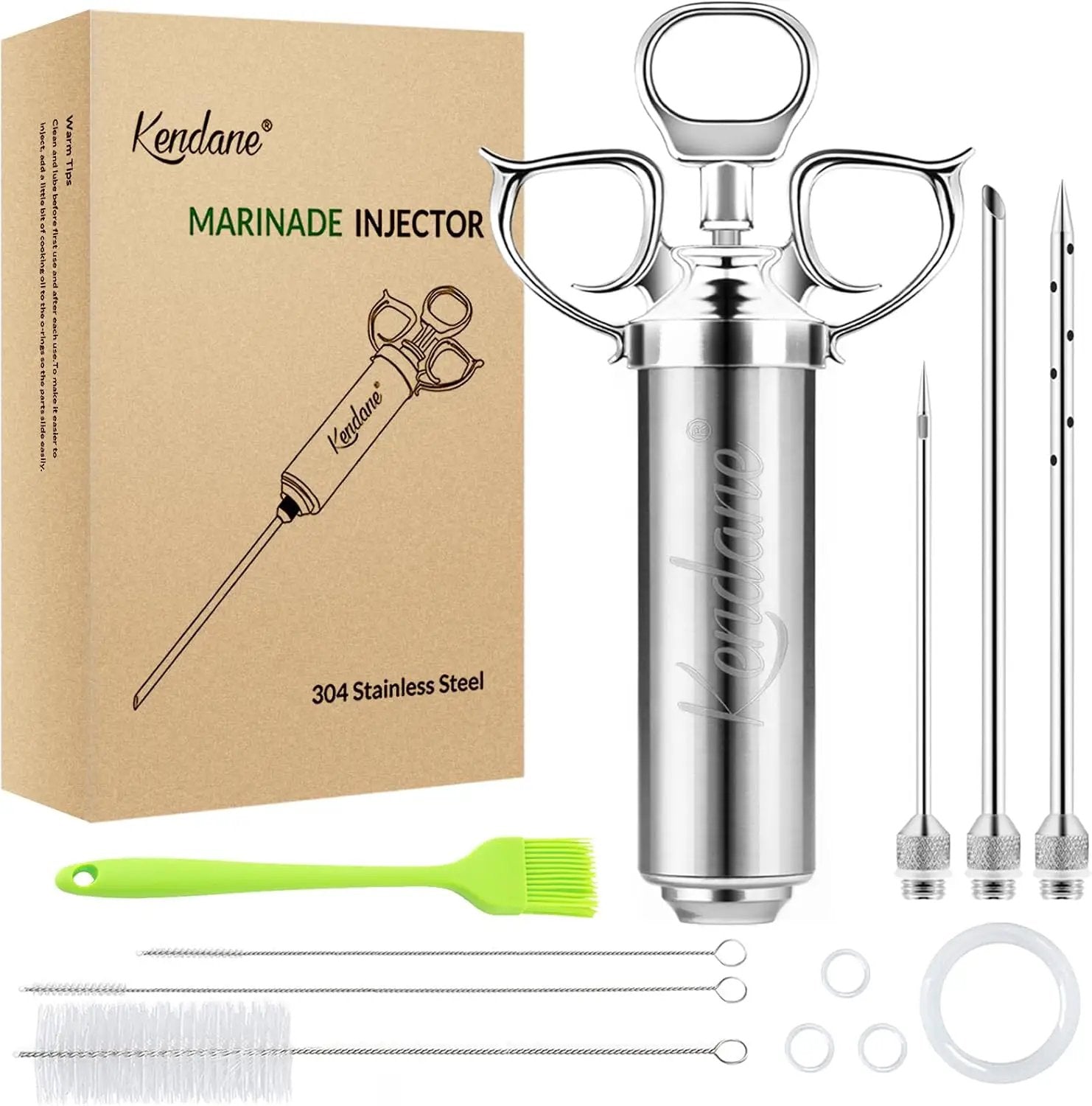 Meat Injector Syringe 2-oz Marinade Flavor Barrel 304 Stainless Steel with 3 Marinade Needles for BBQ Grill Smoker, Turkey, Fish, Brisket, Paper Silicone Brush and Instruction Included by Kendane by GreenHaven Gardens