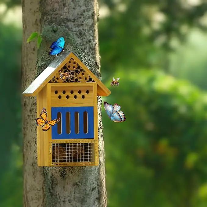 Wooden Butterfly House & Bee House for The Garden, Durable Bug Hotel W/Wooden Stake and Iron Roof, Insect Habitat On The Ground Or Hanging On The Tree, for Butterfly, Bee, Ladybug, Bug by GreenHaven Gardens