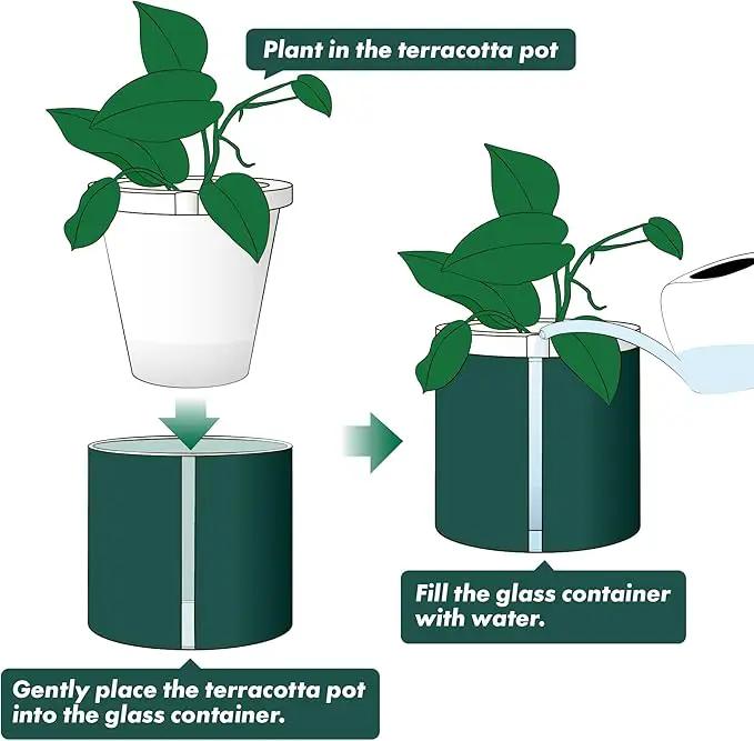 D'vine Dev 8 Inch Design Self Watering Planter for Indoor Plants, White Terracotta Pot with Teal Cylinder Glass Cup, 37-X-C-5 by GreenHaven Gardens