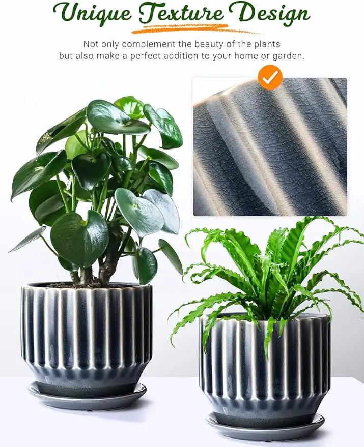 AISBUGUR Plant Pots 6 inch Ceramic Pots for Indoor Plants Set of 2 Flower Pots Unique Crackle Glaze Design Plant Pots with Drainage Hole and Saucer Come with Drainage Nets (Grey) by GreenHaven Gardens