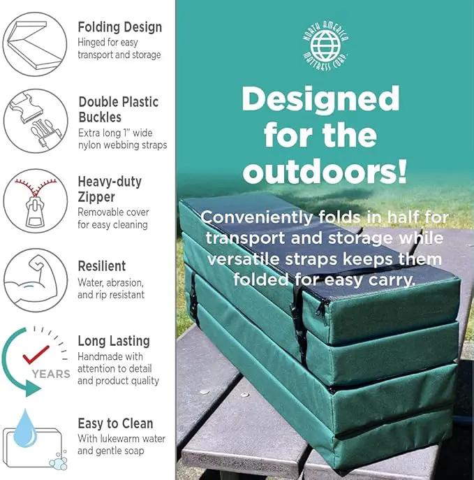North American Mattress 6' Outdoor Picnic Bench Seat Cushion -2 Piece Set; 72" (6ft) x 10" x 3"; Green/Blue - Folding & Easy to Carry by GreenHaven Gardens