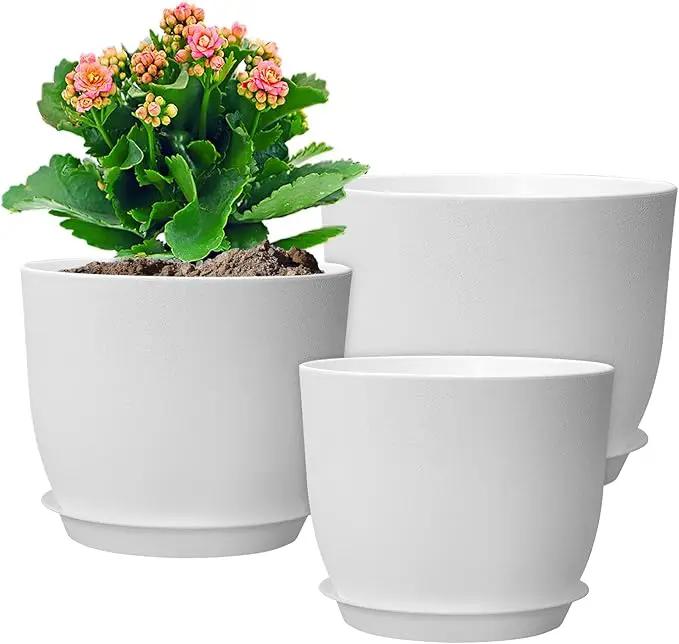 9/8/7.5 inch Flower Pots, Set of 3 Modern Decorative Plastic Planters with Drainage Holes and Saucers, Plant Pots for Indoor Outdoor Plants, White by GreenHaven Gardens