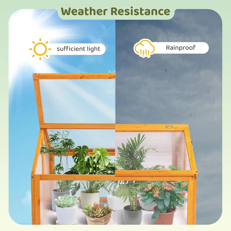 VINGLI Cold Frame Greenhouse, Mini Wooden Green House with Flip-Top Roof, Raised Flower Planter Shelf, Small Lockable Wood Cabinet for Plants Indoor Outdoor (Yellow, 35.43" x 30.71" x 23.23") by GreenHaven Gardens
