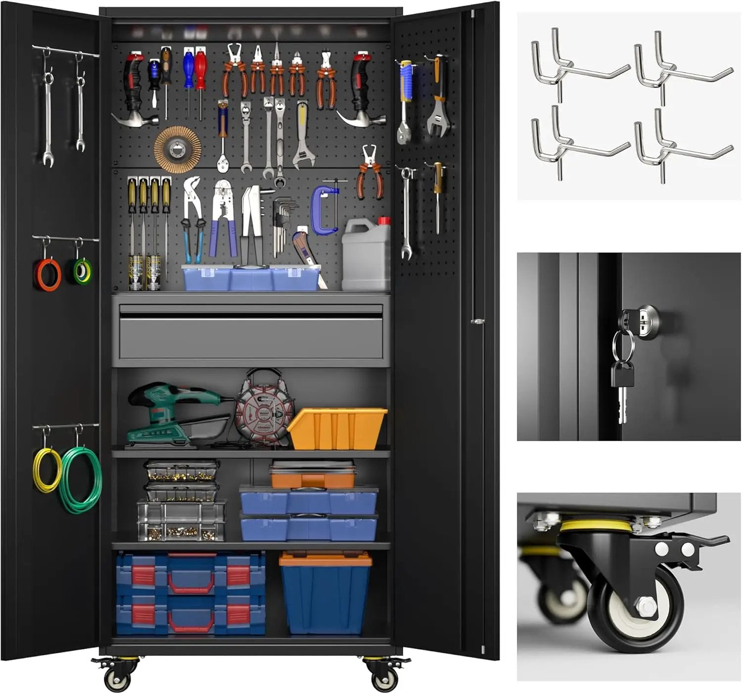 71" H Metal Garage Storage Cabinet with Locking Doors and 2 Adjustable Shelves, Rolling Tool Storage Cabinet with Wheels, Drawer, Pegboard and 16 Hooks for Garage, Warehouse, Black by GreenHaven Gardens