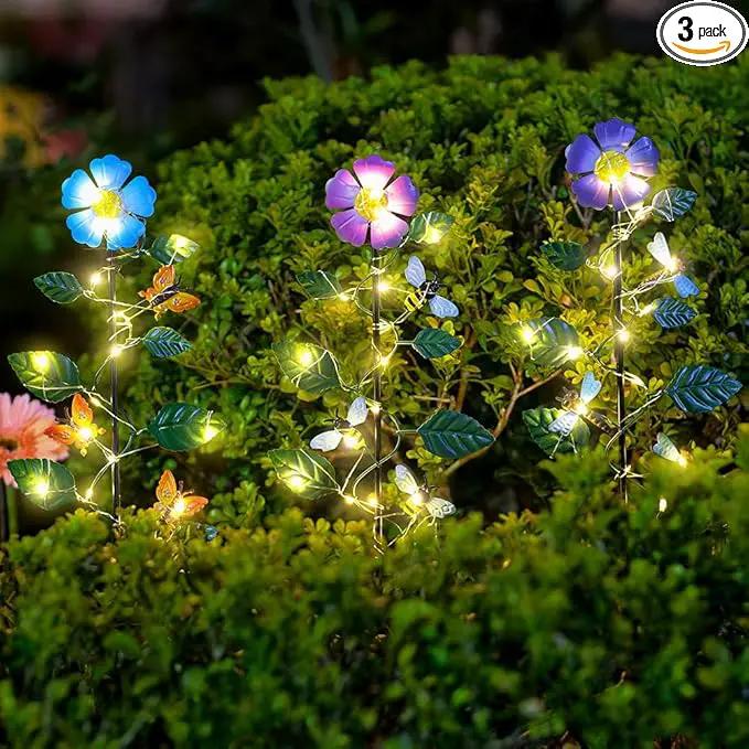 Set of 3 Solar Garden Lights,23'' H Flowers＆Insect Decorative Garden Stakes,Waterproof Metal Spring Yard Art Decor,Solar Stake Lights for Outside,Lawn,Yard,Patio by GreenHaven Gardens