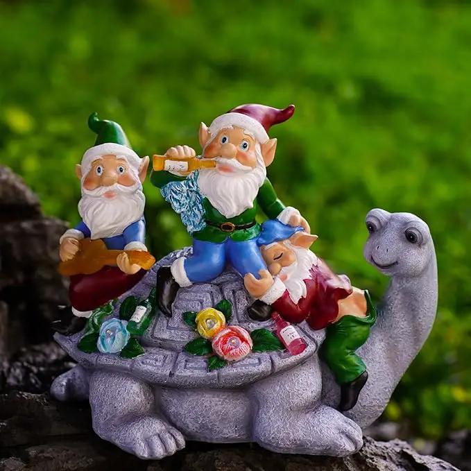 Upgraded Size Solar Garden Outdoor Statues Three Gnomes having party on turtle with 7 LED Solar Figurine for Lawn,Patio,Balcony,Yard Decor Unique Housewarming Gift, for grandfather, Father,Grandma,Wen by GreenHaven Gardens