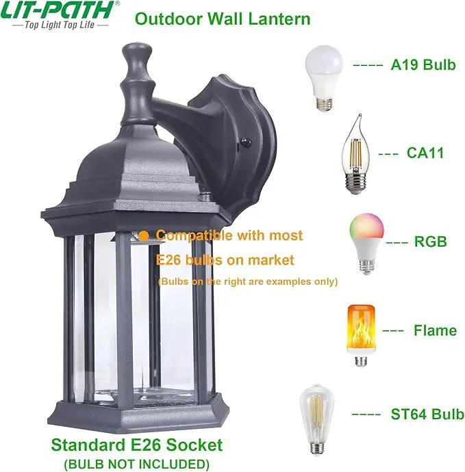 LIT-PaTH Outdoor Wall Lantern, Wall Sconce as Porch Lighting Fixture, E26 Medium Base Max 60W, Aluminum Housing Plus Glass, Matte Black Finish, 1-Pack by GreenHaven Gardens