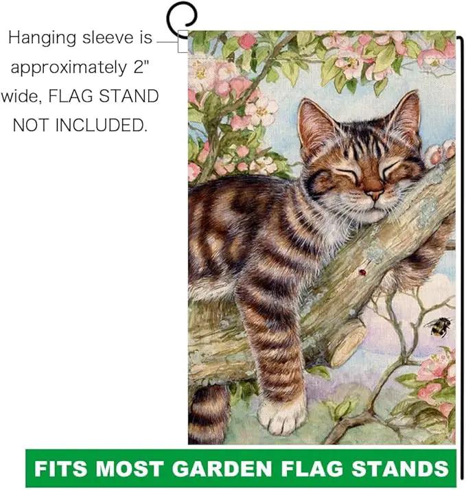 BLKWHT Spring Cat Garden Flag 12x18 Vertical Double Sided Pink Floral Farmhouse Holiday Outside Decorations Burlap Yard Flag BW573 by GreenHaven Gardens