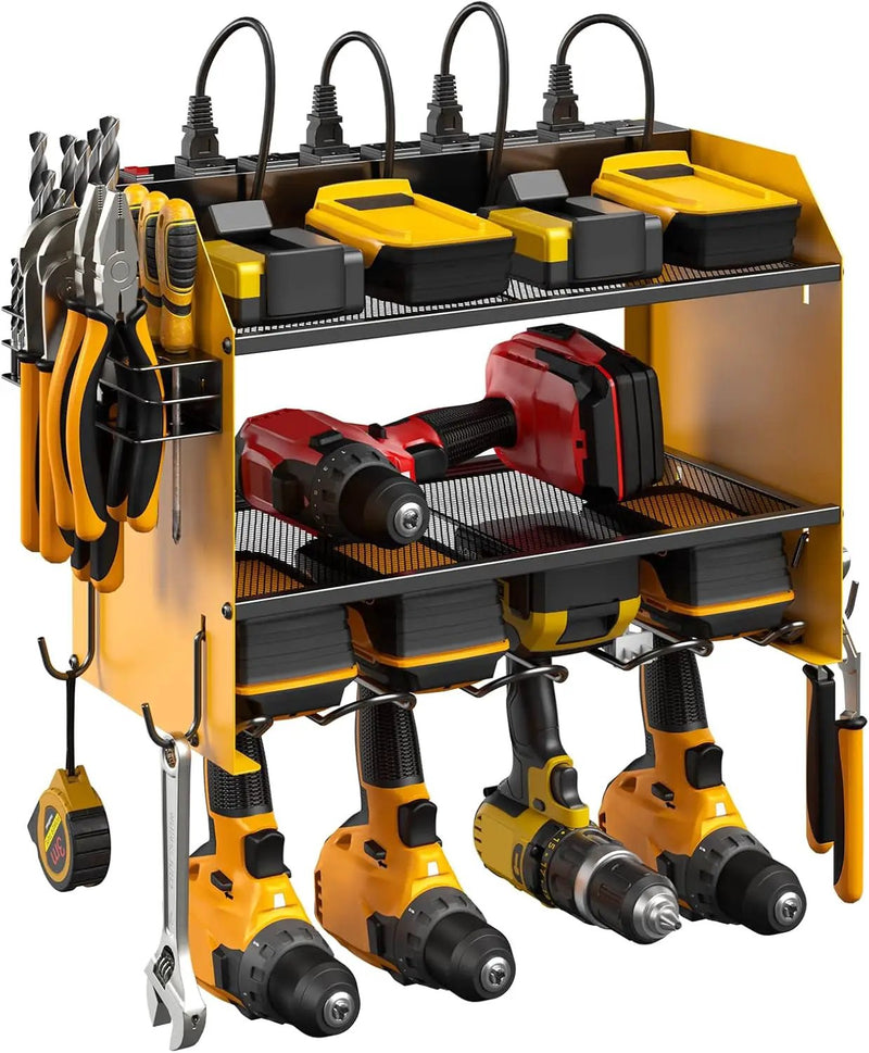 CCCEI Modular Power Tool Organizer Wall Mount with Charging Station. Garage 4 Drill Storage Shelf with Hooks, Screwdriver, Drill Bit Heavy Duty Rack, Tool Battery Holder Built in 8 Outlet Power Strip. by GreenHaven Gardens