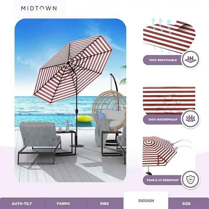 MIDTOWN UMBRELLAS The Lean 8 Feet Outdoor Umbrella With Terylast Red Stripes (Red/White Stripes) Polyester Fabric - 8 Ribs Aluminum Frame Patio Umbrella With Zinc Alloy Crank Lift And Auto-Tilt System by GreenHaven Gardens