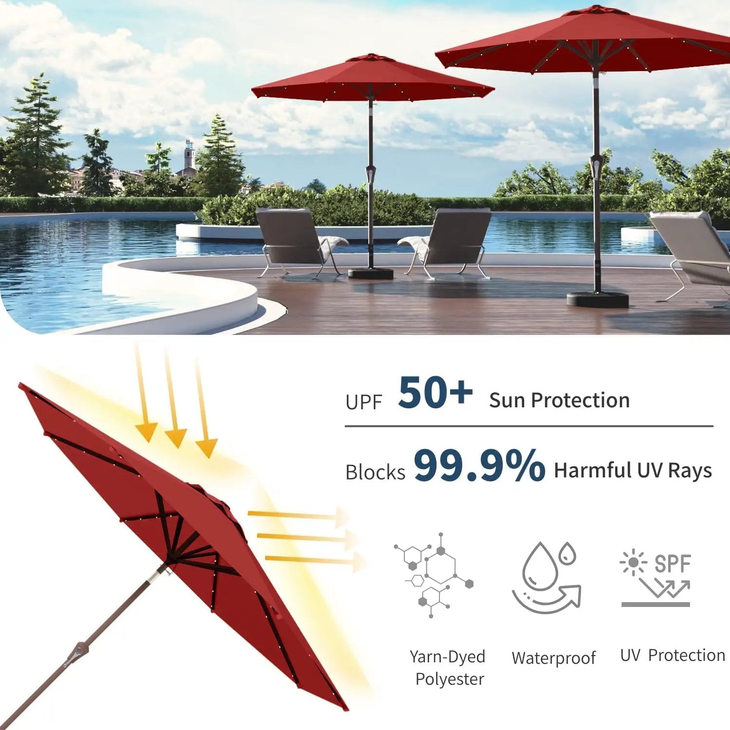 9FT Solar Umbrella 32 LED Lighted Patio Umbrella Table Market Umbrella w/Tilt and Crank, UV-Resistant Outdoor Umbrella for Pool, Garden, Deck, Red by GreenHaven Gardens