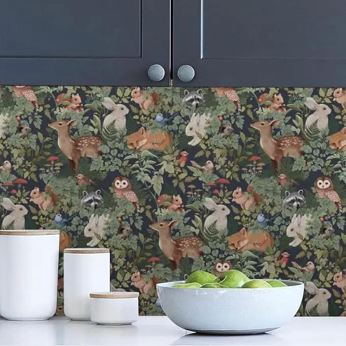 Animal Leaf Forest Deer Rabbits Squirrel Owl Green Plants Peel and Stick Wallpaper Self Adhesive Removable Easy Peel Off Contact Paper Stick on Wall Paper for Bedroom&Renter by GreenHaven Gardens