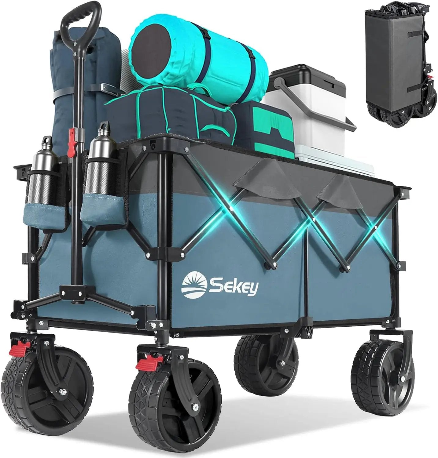 Collapsible Wagon Cart with Big All-Terrain Beach Wheels, Foldable Heavy Duty Wagons with Cup Holders, Utility Carts for Camping, Garden, Outdoor, Grocery, Sports. Blue & Gray by GreenHaven Gardens