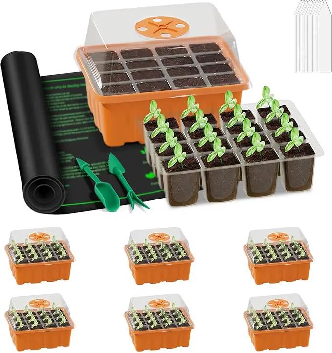 GooingTop Seedling Trays + Heat Mat 10''x20.7'', 6 Pack 72 Cells Plant Grow Starter with Adjustable Humidity Vent for Mini Greenhouse Garden Germination,Bonsai Seed Starting Growing by GreenHaven Gardens