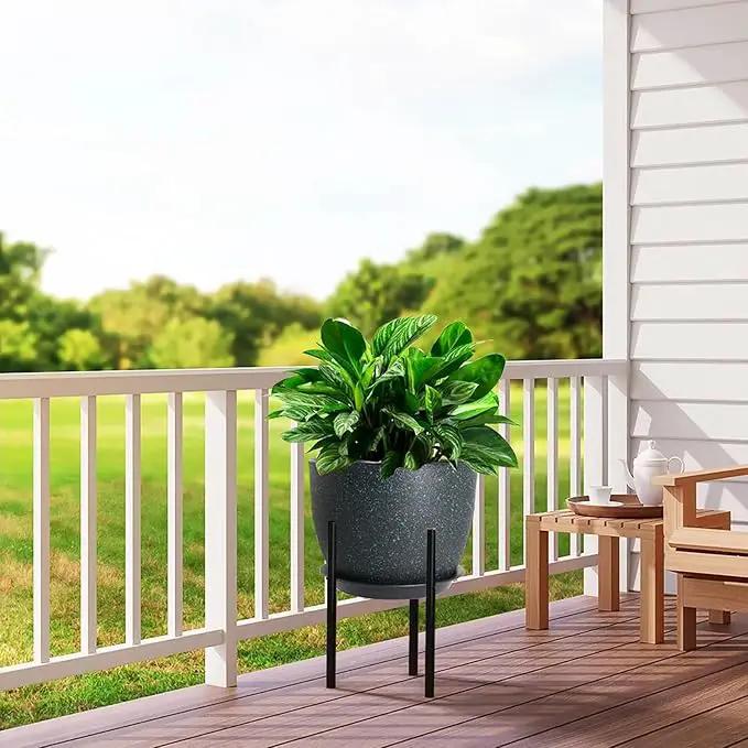 12/10/9 Large Modern Plant Pots, Plastic Planters with Drainage Holes and Saucers for Indoor Outdoor Plants Flowers, Black with Green Speckles by GreenHaven Gardens