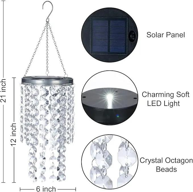 Hanging Solar Crystal Chandelier Outdoor, 21” Modern Solar Transparent Acrylic Beaded Lantern with Cool White LED S Hooks for Garden Yard Patio Gazebo Outside Decor by GreenHaven Gardens