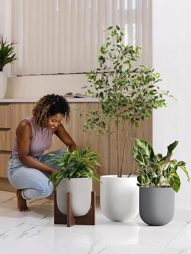 LE TAUCI 10 Inch Plant Pot, Ceramic Pots for Plants with Drainage Hole and Rubber Plug, Plant Pots Indoor for Home Garden Patio Office, Cylinder Flower Planter Pot, Neutral Gray by GreenHaven Gardens