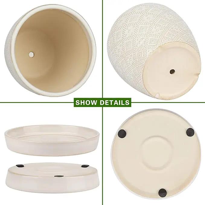 Docrin Ceramic Plant Pots Indoor: 6.6 + 5.5 Inch Planters with Drainage Holes and Saucer for Home/Office - Set of 2 /White by GreenHaven Gardens