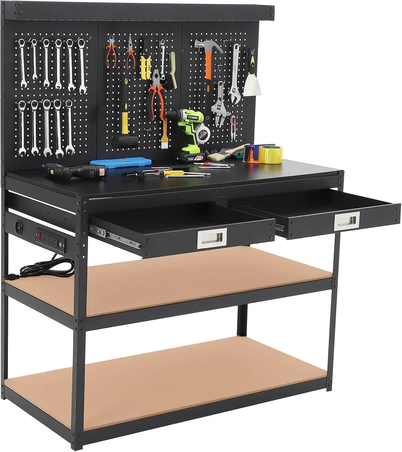 48'' 3-Tier Adjustable Workbench, Heavy Duty Workbench with Drawer and Backplate, 2000 LBS Capacity Work Table, Suitable for Office, Garage, Workshop by GreenHaven Gardens