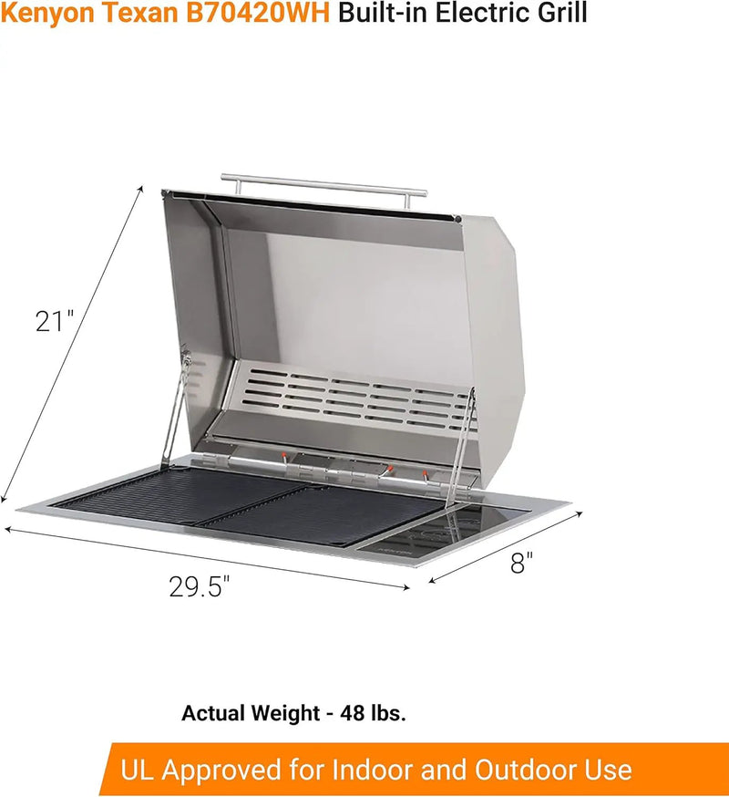 Kenyon Texan Built-In Electric Grill with Faceted Single Piece Lid and Standard Lite Touch Control, Stainless Steel Body, UL-Approved for Use Indoors and Outdoors, No-Flame Grill, 240 Volts by GreenHaven Gardens