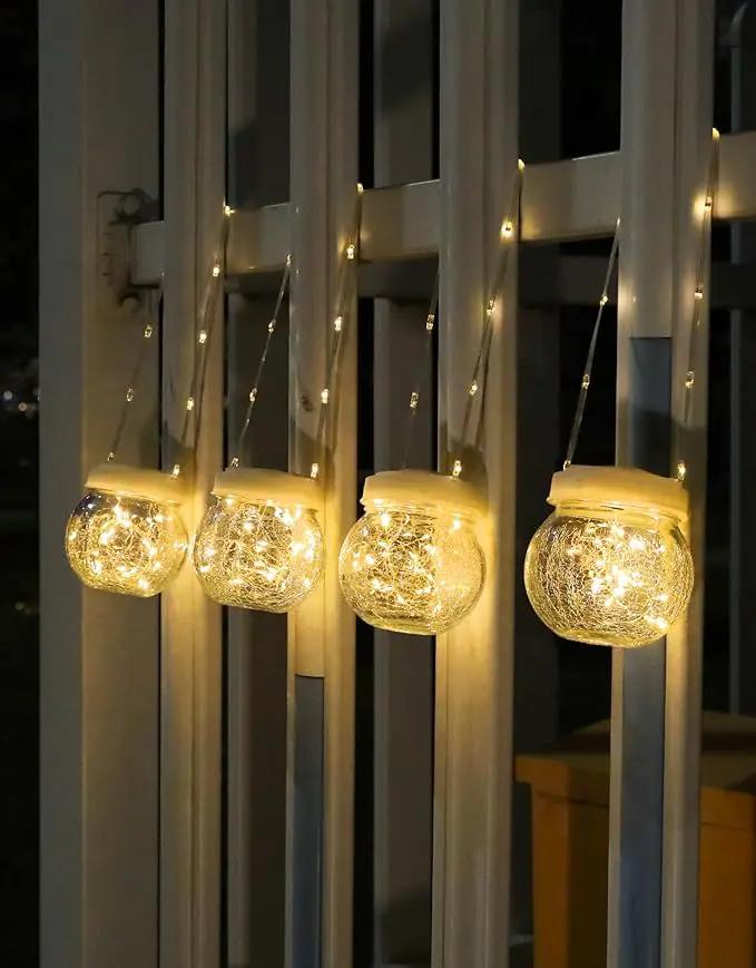 Solar Lantern Solar Lights Outdoor Waterproof 2-Pack, Solar Powered Hanging Lights Cracked Glass Hanging Globes for Christmas Decoration, Shepherd Hook, Garden Tree Ornaments, White Cap, Warm White by GreenHaven Gardens
