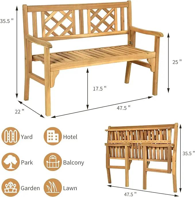 Tangkula Folding Outdoor Wood Garden Bench, Foldable Acacia Wood Patio Bench with Wide Curved Armrest & Backrest, Outside 2-Person Loveseat Chair for Entryway, Yard, Deck, Balcony & Park by GreenHaven Gardens
