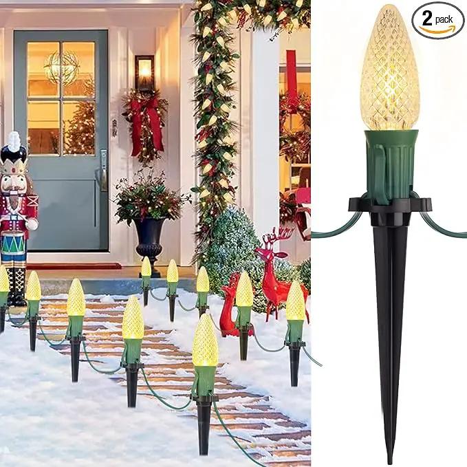 C9 Christmas Pathway Lights Outdoor, 25.7 Feet 20 LED C9 Strawberry Walkway Lights with Marker Stakes, Connectable Shatterproof C9 String Lights for Lane Outside Yard Decorations, Warm White, 2 Pack by GreenHaven Gardens