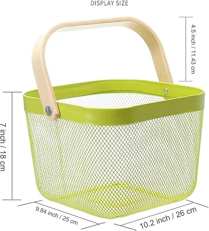 Metal Mesh Steel Basket, Storage Organizer Basket Multi-functional Hanging Kitchen Baskets Fruit Basket with Wooden Handle for Kitchen Bathroom Picnic Shopping Decor Cabinet Home, Macaron Green by GreenHaven Gardens