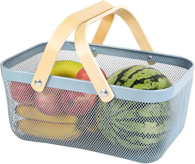 Portable Mesh Harvest Basket - Natural Bamboo Handle Foldable Organizer for Kitchen, Garden & Picnic | Ventilated Storage Bin with Rust-Proof Wire, Space-Saving Farmhouse Decor (Blue) by GreenHaven Gardens
