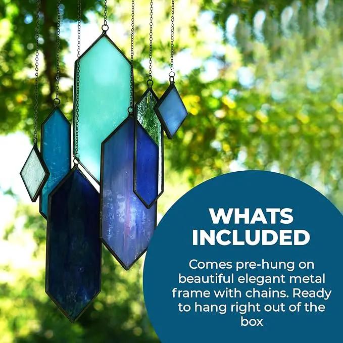 Stained Glass Window Hanging Sun Catcher - Blue Wall Art, Earth Tones Modern Design, Fully Assembled, Ready to Hang, Home or Garden Decor by GreenHaven Gardens