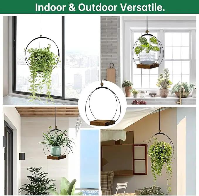 2 Pack Hanging Planters for Indoor Plants, Black Plant Hanger with Sturdy Wood Base, Modern Boho Macrame Hanger, Wall Ceiling Window Planters (Plants/Pots Not Included) by GreenHaven Gardens