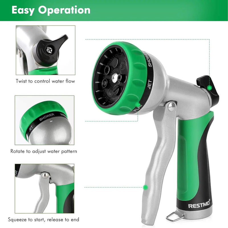 RESTMO Garden Hose Nozzle, Heavy Duty Metal Water Hose Nozzle with 7 Adjustable Spray Patterns, High Pressure Hand Sprayer with Flow Control for Watering Plants & Lawns, Washing Cars & Pets by GreenHaven Gardens